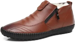Driving Loafers for Men Walking Shoes Pull on Style Side Zipper Genuine Leather Super Soft Vegan Flat Warmth Anti Slip Fleece Lined (Color : Brown, Size : 9 M US)