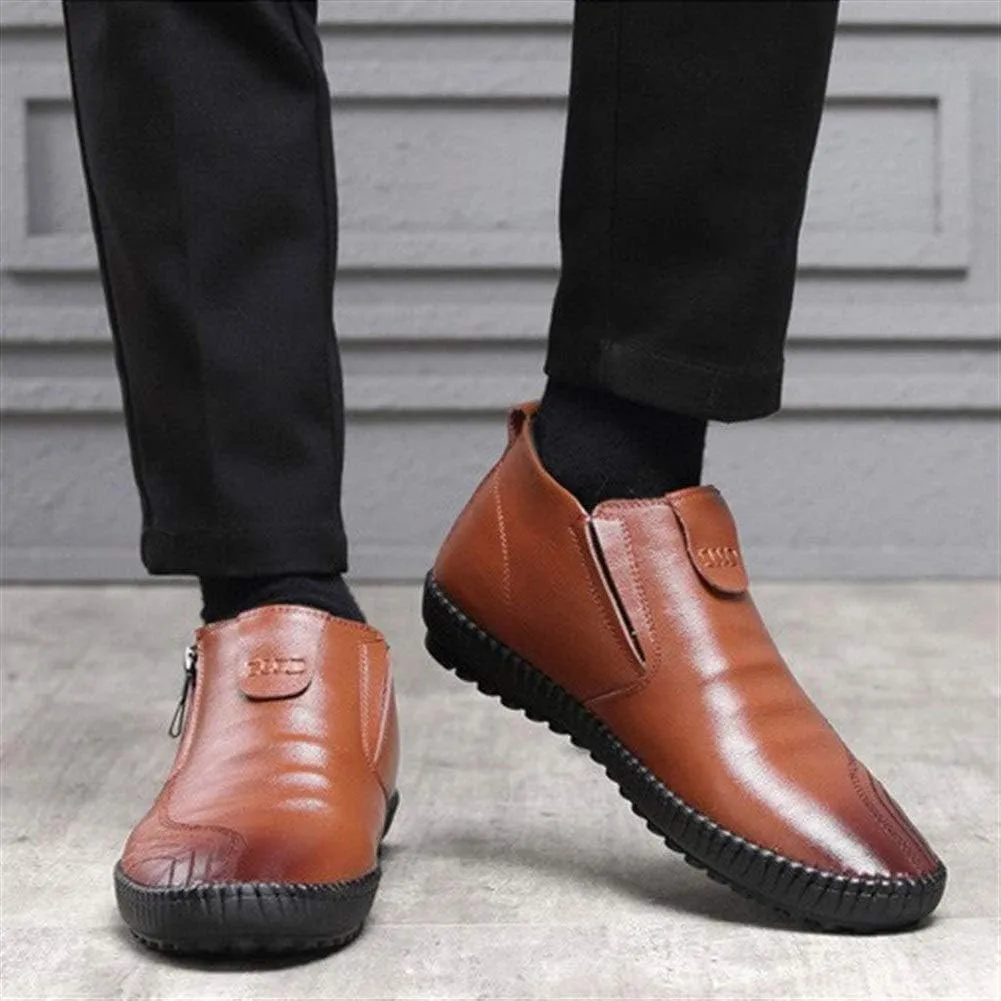Driving Loafers for Men Walking Shoes Pull on Style Side Zipper Genuine Leather Super Soft Vegan Flat Warmth Anti Slip Fleece Lined (Color : Brown, Size : 9 M US)