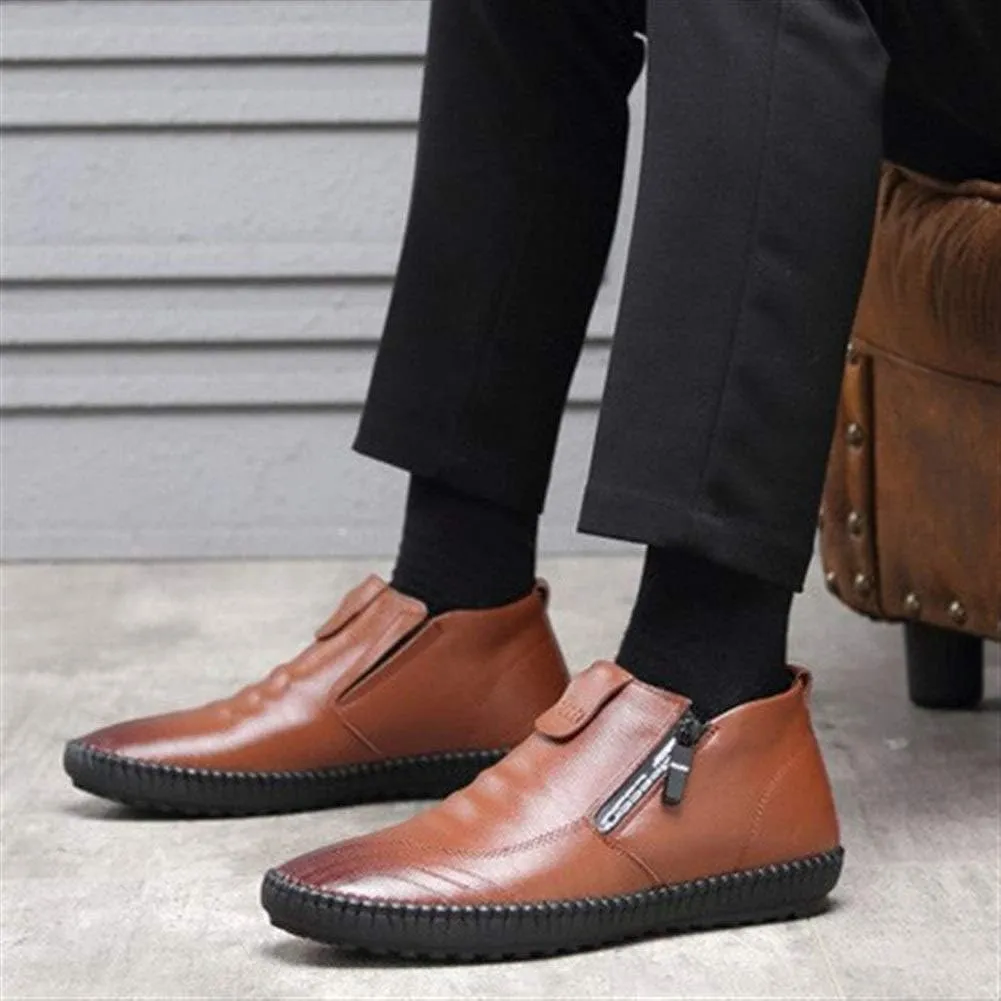 Driving Loafers for Men Walking Shoes Pull on Style Side Zipper Genuine Leather Super Soft Vegan Flat Warmth Anti Slip Fleece Lined (Color : Brown, Size : 9 M US)
