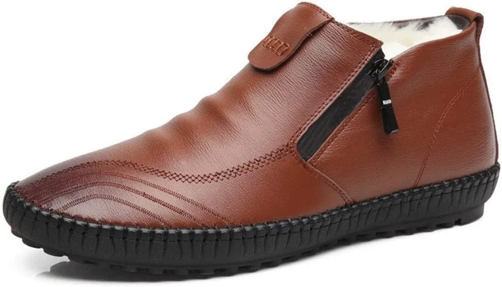 Driving Loafers for Men Walking Shoes Pull on Style Side Zipper Genuine Leather Super Soft Vegan Flat Warmth Anti Slip Fleece Lined (Color : Brown, Size : 9 M US)