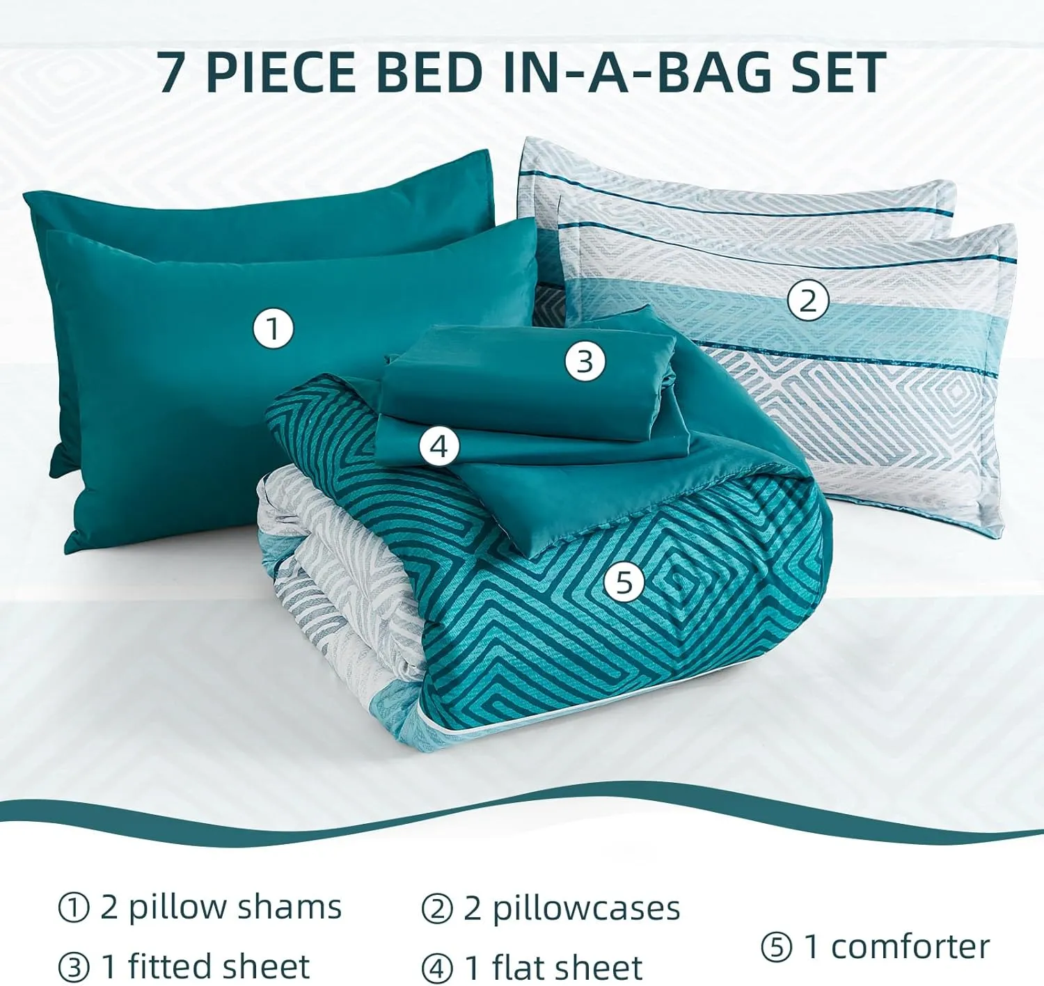Drucon Boho Comforter Set Queen Size 7 Pieces Bed in a Bag, Teal Striped Bedding Set, Soft Microfiber Comforter and Sheet Set for All Season (Queen, 90"x90")