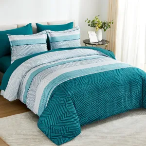 Drucon Boho Comforter Set Queen Size 7 Pieces Bed in a Bag, Teal Striped Bedding Set, Soft Microfiber Comforter and Sheet Set for All Season (Queen, 90"x90")