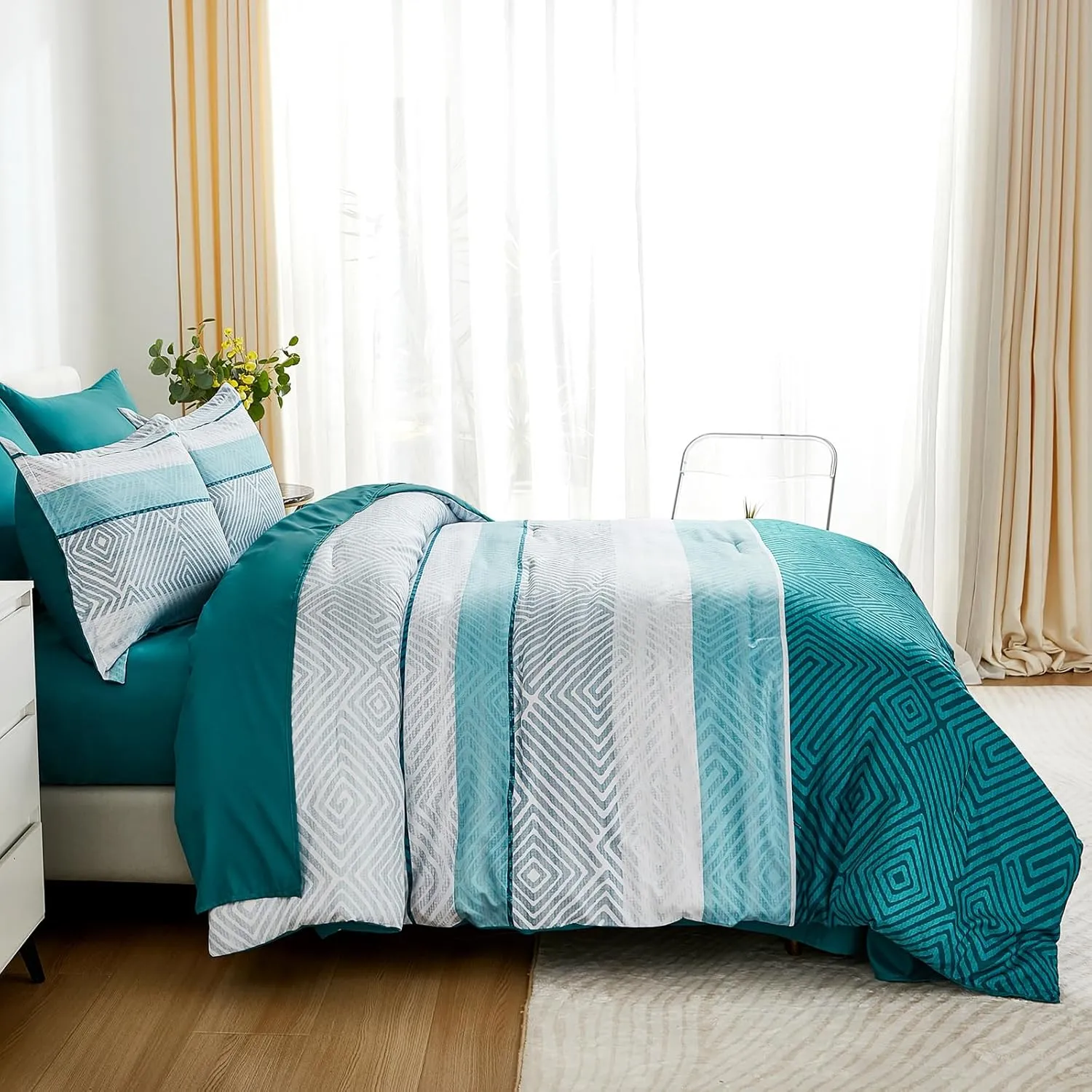 Drucon Boho Comforter Set Queen Size 7 Pieces Bed in a Bag, Teal Striped Bedding Set, Soft Microfiber Comforter and Sheet Set for All Season (Queen, 90"x90")