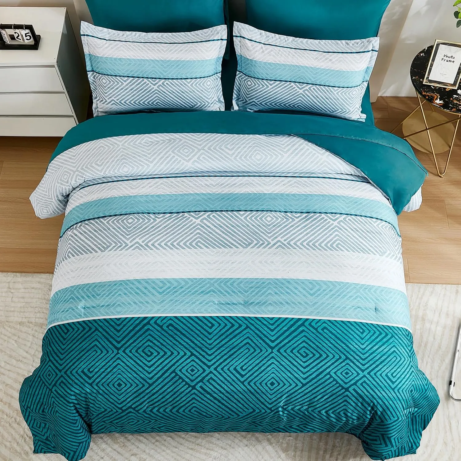 Drucon Boho Comforter Set Queen Size 7 Pieces Bed in a Bag, Teal Striped Bedding Set, Soft Microfiber Comforter and Sheet Set for All Season (Queen, 90"x90")