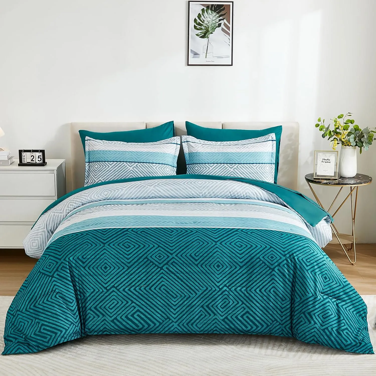 Drucon Boho Comforter Set Queen Size 7 Pieces Bed in a Bag, Teal Striped Bedding Set, Soft Microfiber Comforter and Sheet Set for All Season (Queen, 90"x90")