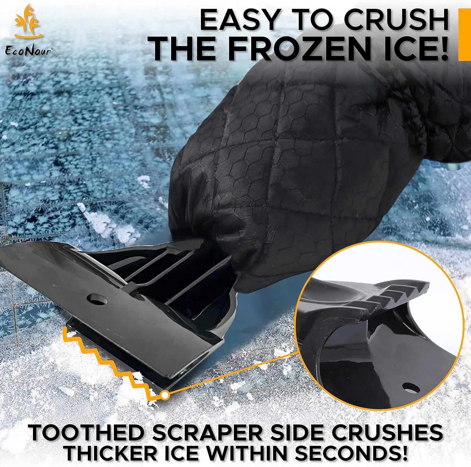 EcoNour Ice Scraper Mitt for Car Windshield (2 Pack) | Waterproof Warm Glove with Thick Fleece Lining | Windshield Scraper for Ice and Snow with Foam Grip, Scratch-Free | Detachable Clean