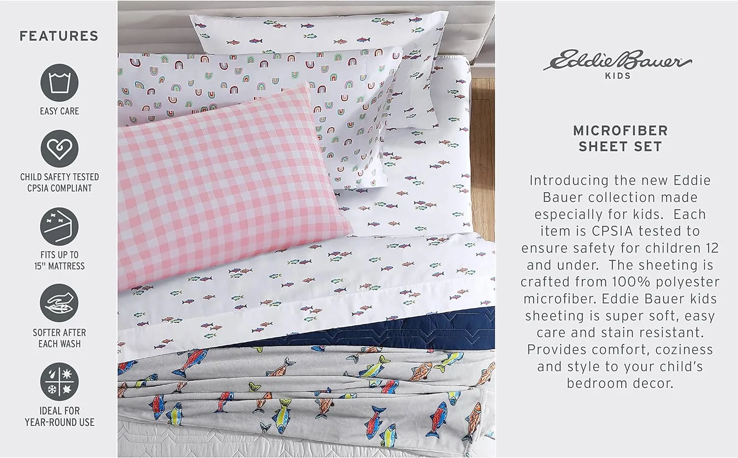 Eddie Bauer Kids - Twin Sheets, Stain Resistant Kids Bedding, Ideal for Toddler Bedding Set (Fish Lake White, Twin)