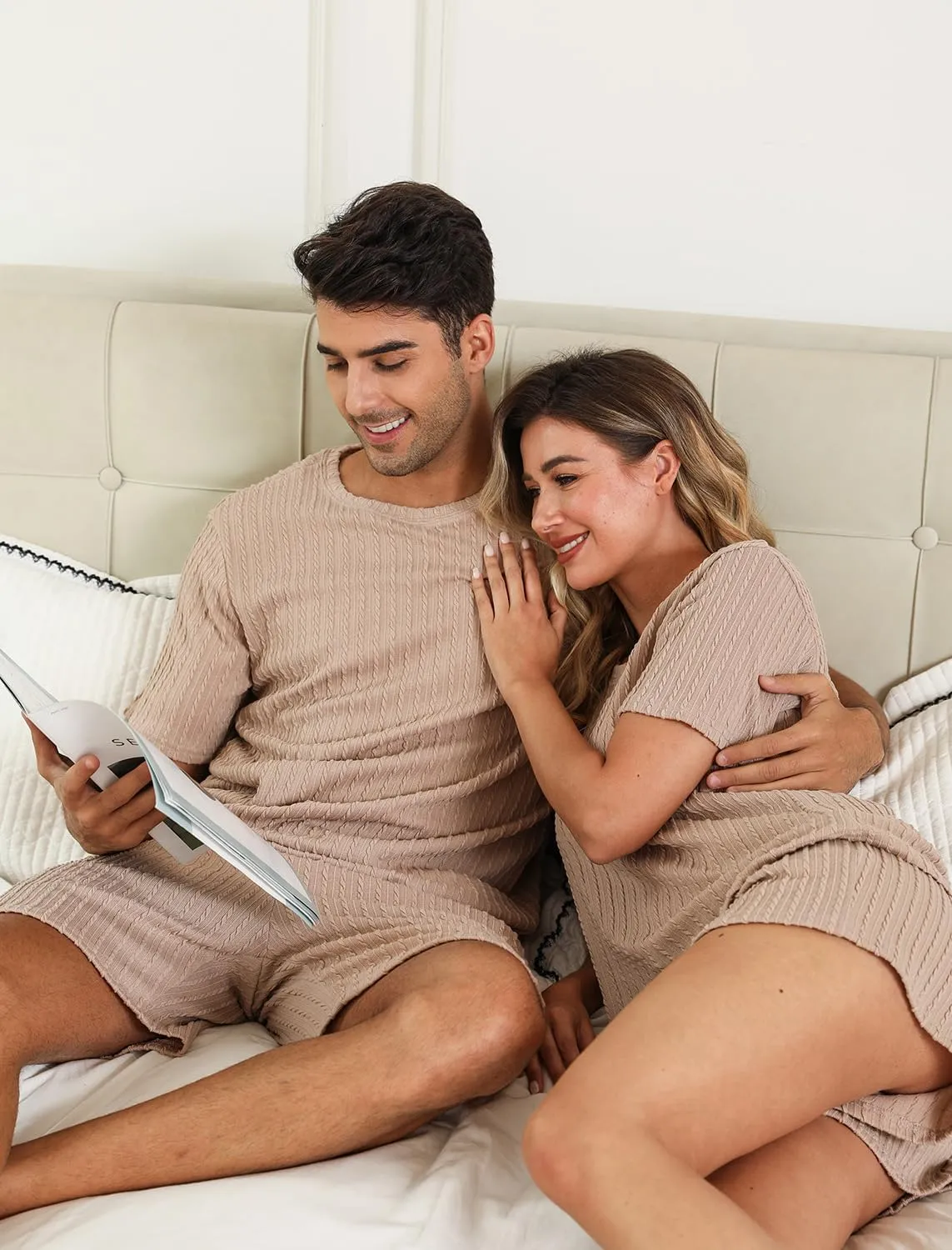 EISHOPEER Matching Pajamas for Couples Ribbed Knit Pajama Short Sleeve Soft Sleepwear 2 Piece Loungewear S-XXL