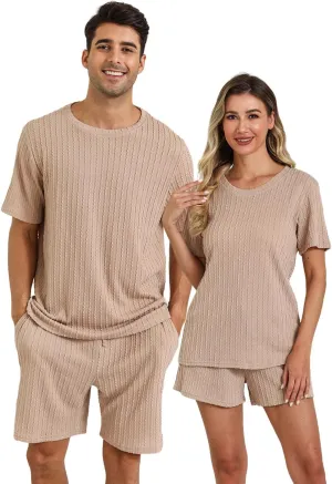EISHOPEER Matching Pajamas for Couples Ribbed Knit Pajama Short Sleeve Soft Sleepwear 2 Piece Loungewear S-XXL