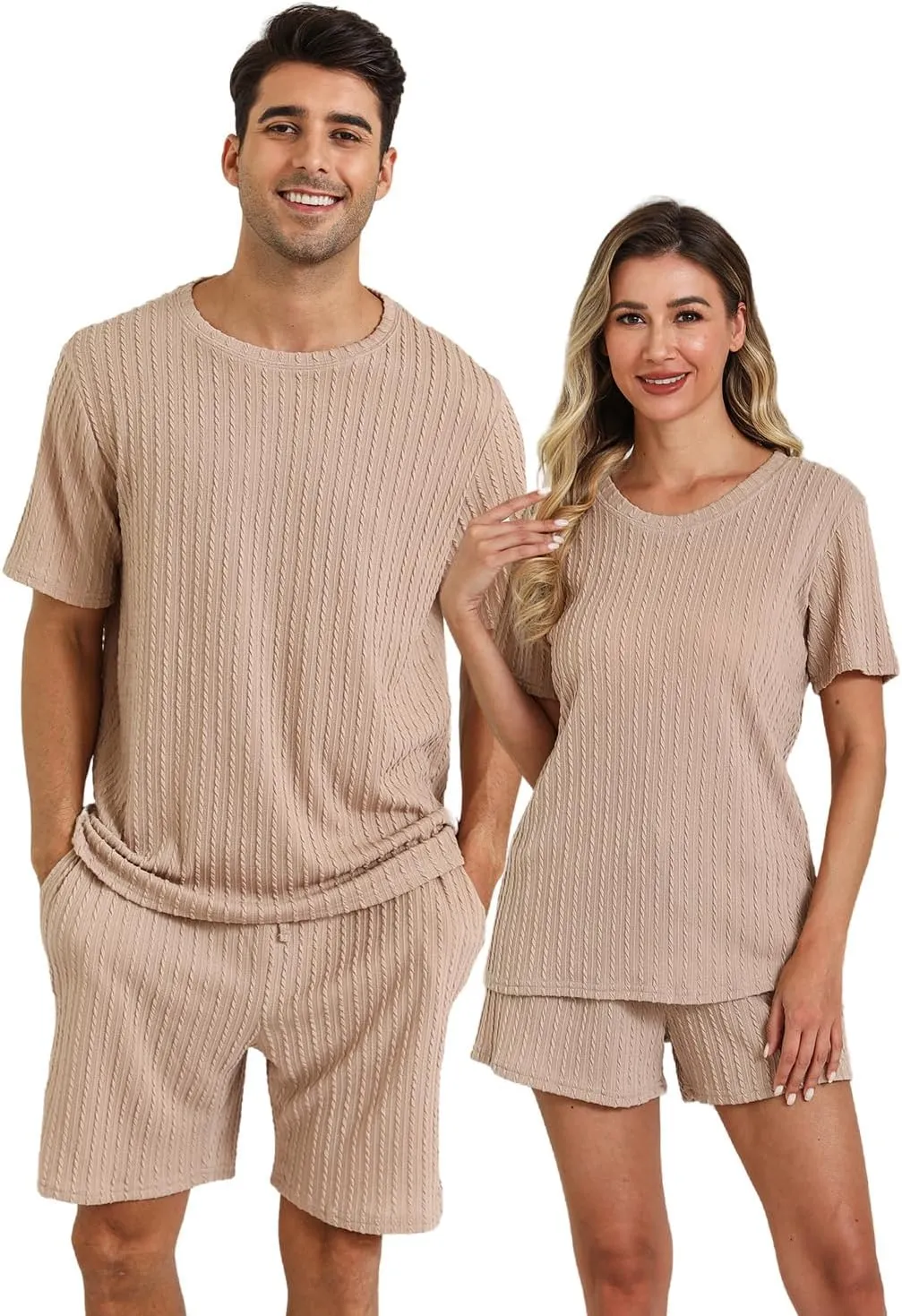 EISHOPEER Matching Pajamas for Couples Ribbed Knit Pajama Short Sleeve Soft Sleepwear 2 Piece Loungewear S-XXL