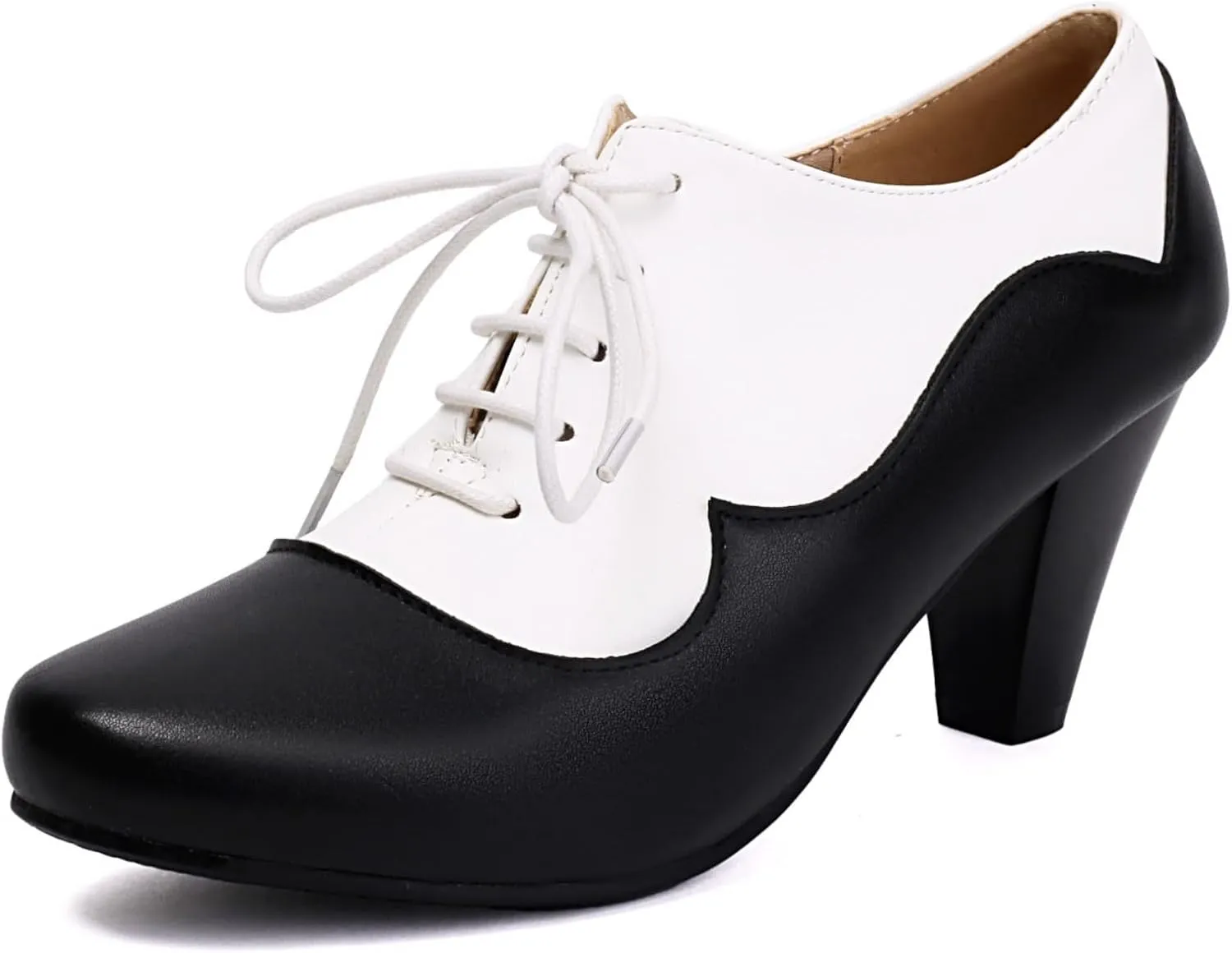 Elerhythm Women's Mary Jane 1920s Pump Heels Oxford Classic and Retro Lace Up Two Tones 1950s Vintage Round Closed Toe 1940s Shoes (Black US8)