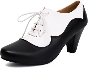 Elerhythm Women's Mary Jane 1920s Pump Heels Oxford Classic and Retro Lace Up Two Tones 1950s Vintage Round Closed Toe 1940s Shoes (Black US8)