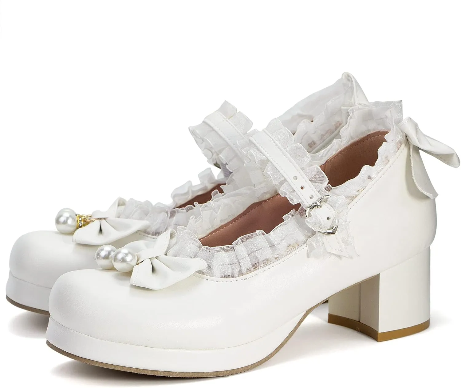 Elerhythm Women's Mary Jane Platform Chunky Block Heels Cute Cosplay Kawaii Bow Lace Dresses Cross-Tied Round Toe Ankle Strap Shoes