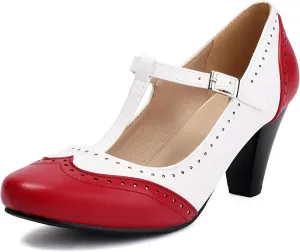 Elerhythm Women's Mary Jane Two Tone Classic and Retro Oxford Wingtip 1920s Pump Heels 1950s Vintage Round Closed Toe 1940s Ankle Strap Dress Shoes