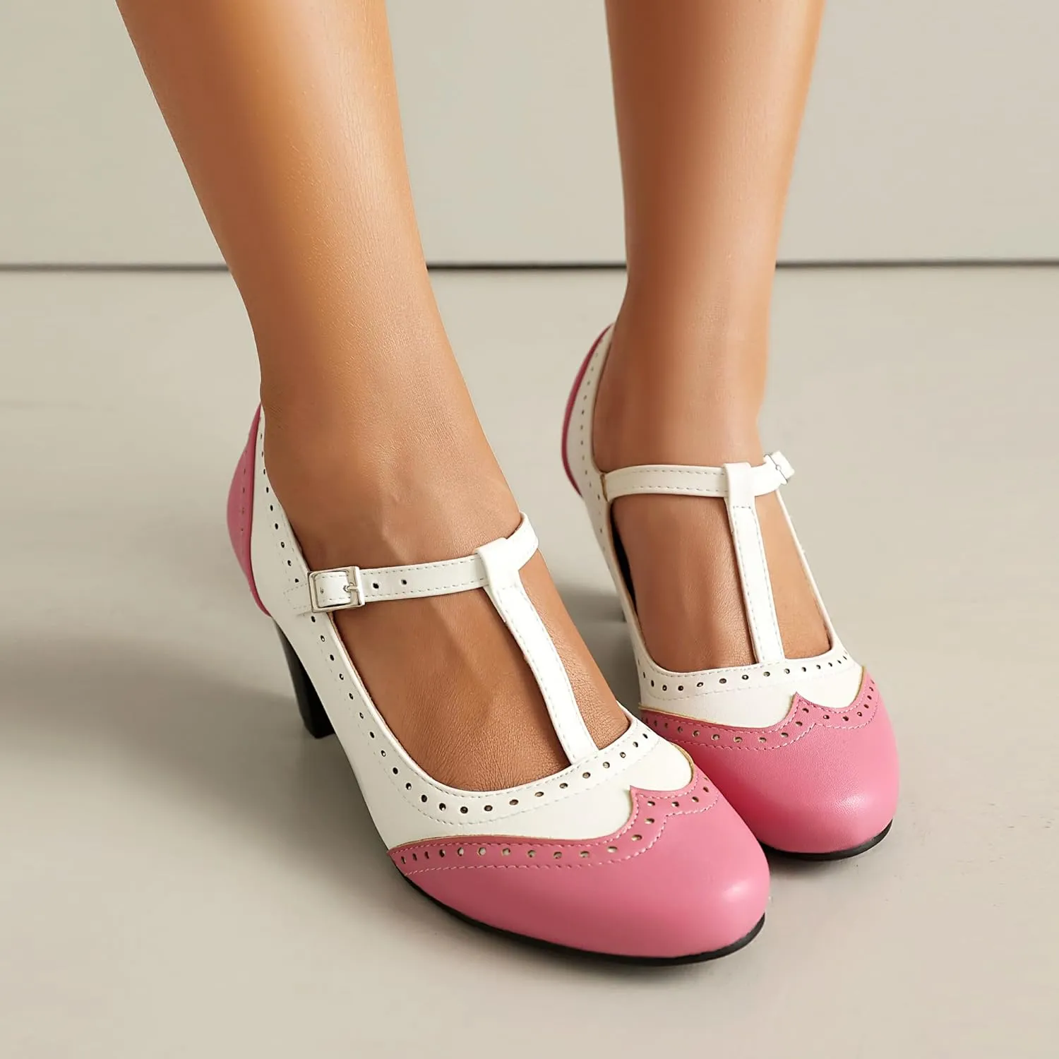 Elerhythm Women's Mary Jane Two Tone Classic and Retro Oxford Wingtip 1920s Pump Heels 1950s Vintage Round Closed Toe 1940s Ankle Strap Dress Shoes