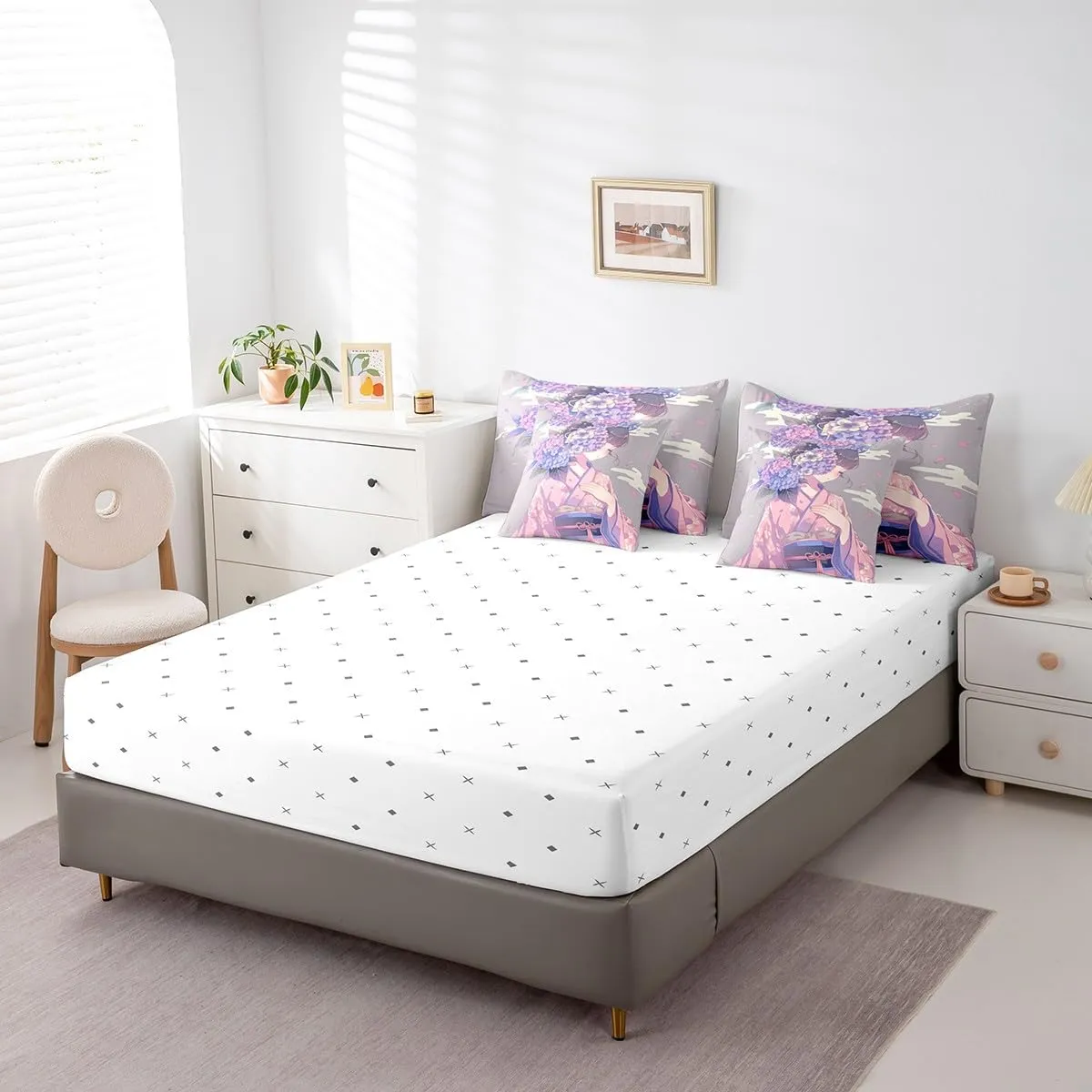 Erosebridal 7 Piece Anime Girl King Comforter Set,Japanese Anime Bedding Set for Girls Women Kids,Hydrangea Floral Bed Set Pink Purple Flower Bed in a Bag with Fitted Sheet,Flat Sheet,Pillowcases