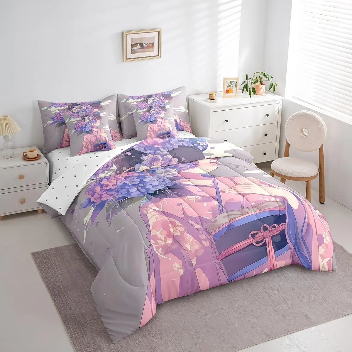 Erosebridal 7 Piece Anime Girl King Comforter Set,Japanese Anime Bedding Set for Girls Women Kids,Hydrangea Floral Bed Set Pink Purple Flower Bed in a Bag with Fitted Sheet,Flat Sheet,Pillowcases