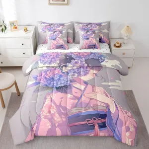 Erosebridal 7 Piece Anime Girl King Comforter Set,Japanese Anime Bedding Set for Girls Women Kids,Hydrangea Floral Bed Set Pink Purple Flower Bed in a Bag with Fitted Sheet,Flat Sheet,Pillowcases