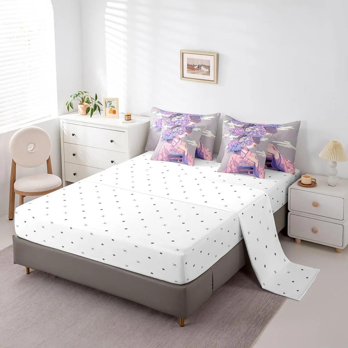 Erosebridal 7 Piece Anime Girl King Comforter Set,Japanese Anime Bedding Set for Girls Women Kids,Hydrangea Floral Bed Set Pink Purple Flower Bed in a Bag with Fitted Sheet,Flat Sheet,Pillowcases