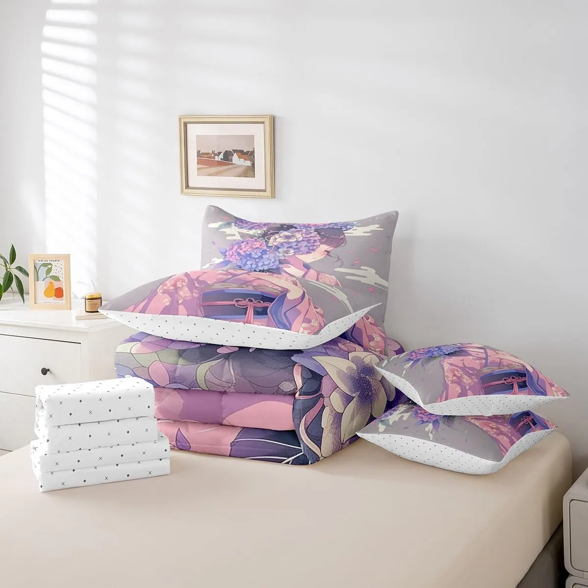 Erosebridal 7 Piece Anime Girl King Comforter Set,Japanese Anime Bedding Set for Girls Women Kids,Hydrangea Floral Bed Set Pink Purple Flower Bed in a Bag with Fitted Sheet,Flat Sheet,Pillowcases
