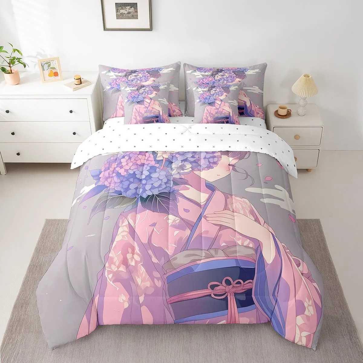 Erosebridal 7 Piece Anime Girl King Comforter Set,Japanese Anime Bedding Set for Girls Women Kids,Hydrangea Floral Bed Set Pink Purple Flower Bed in a Bag with Fitted Sheet,Flat Sheet,Pillowcases