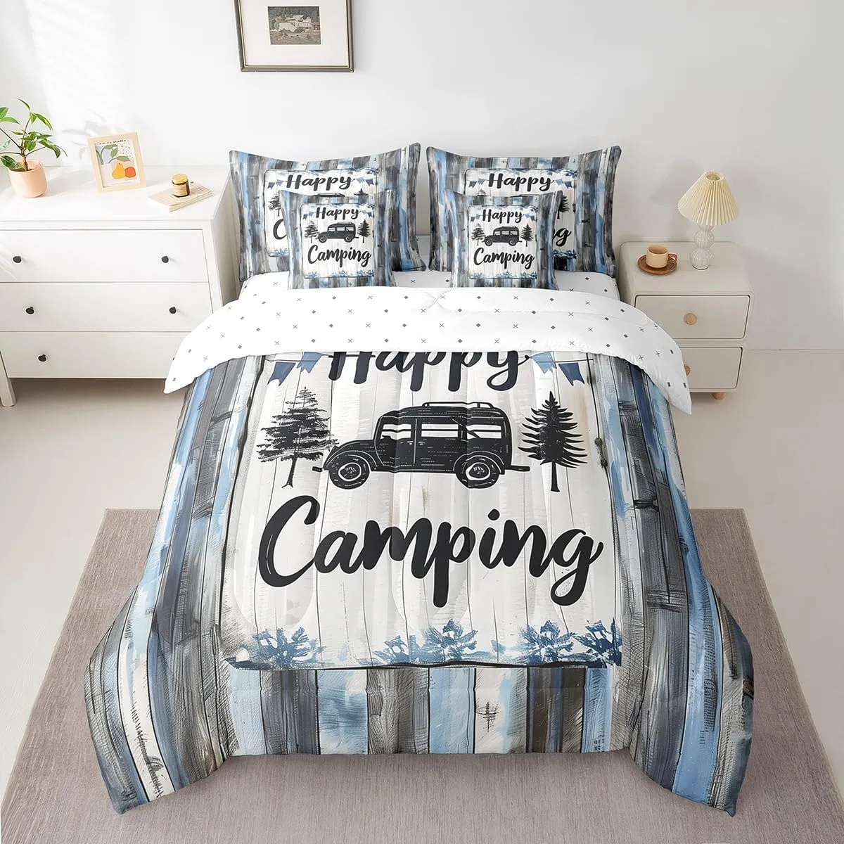 Erosebridal 7 Piece Bed in a Bag Twin Size Comforter Set Wooden Plank Bedding Set,Happy Camping Reversible Design,Farmhouse Cabin Soft Microfiber Comforter with Sheet Set,All Season