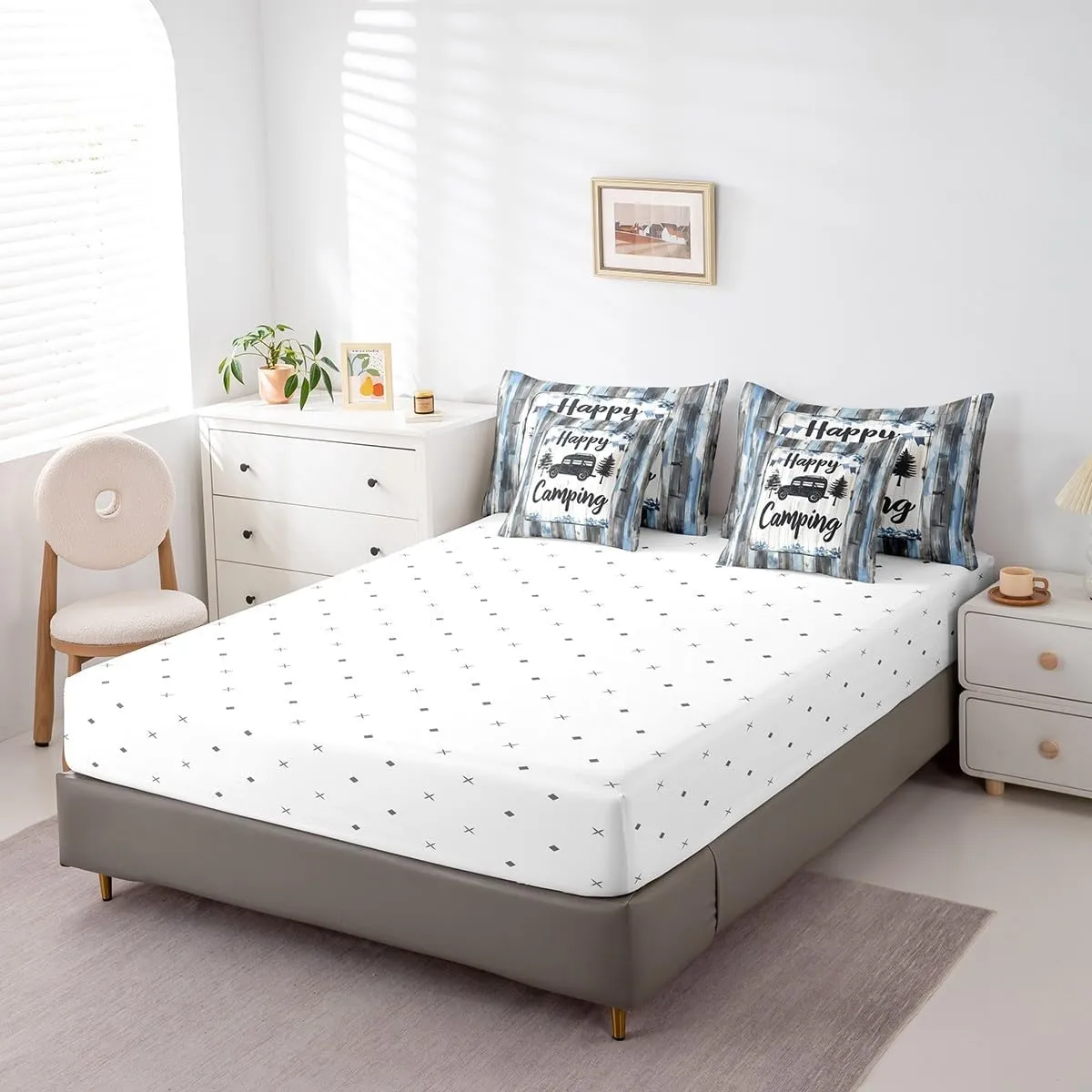 Erosebridal 7 Piece Bed in a Bag Twin Size Comforter Set Wooden Plank Bedding Set,Happy Camping Reversible Design,Farmhouse Cabin Soft Microfiber Comforter with Sheet Set,All Season