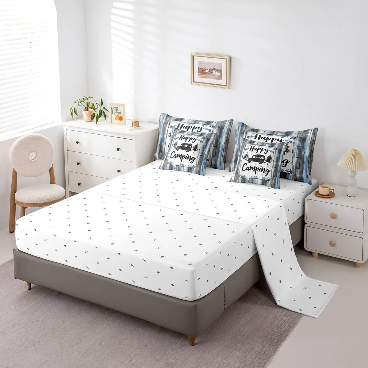 Erosebridal 7 Piece Bed in a Bag Twin Size Comforter Set Wooden Plank Bedding Set,Happy Camping Reversible Design,Farmhouse Cabin Soft Microfiber Comforter with Sheet Set,All Season