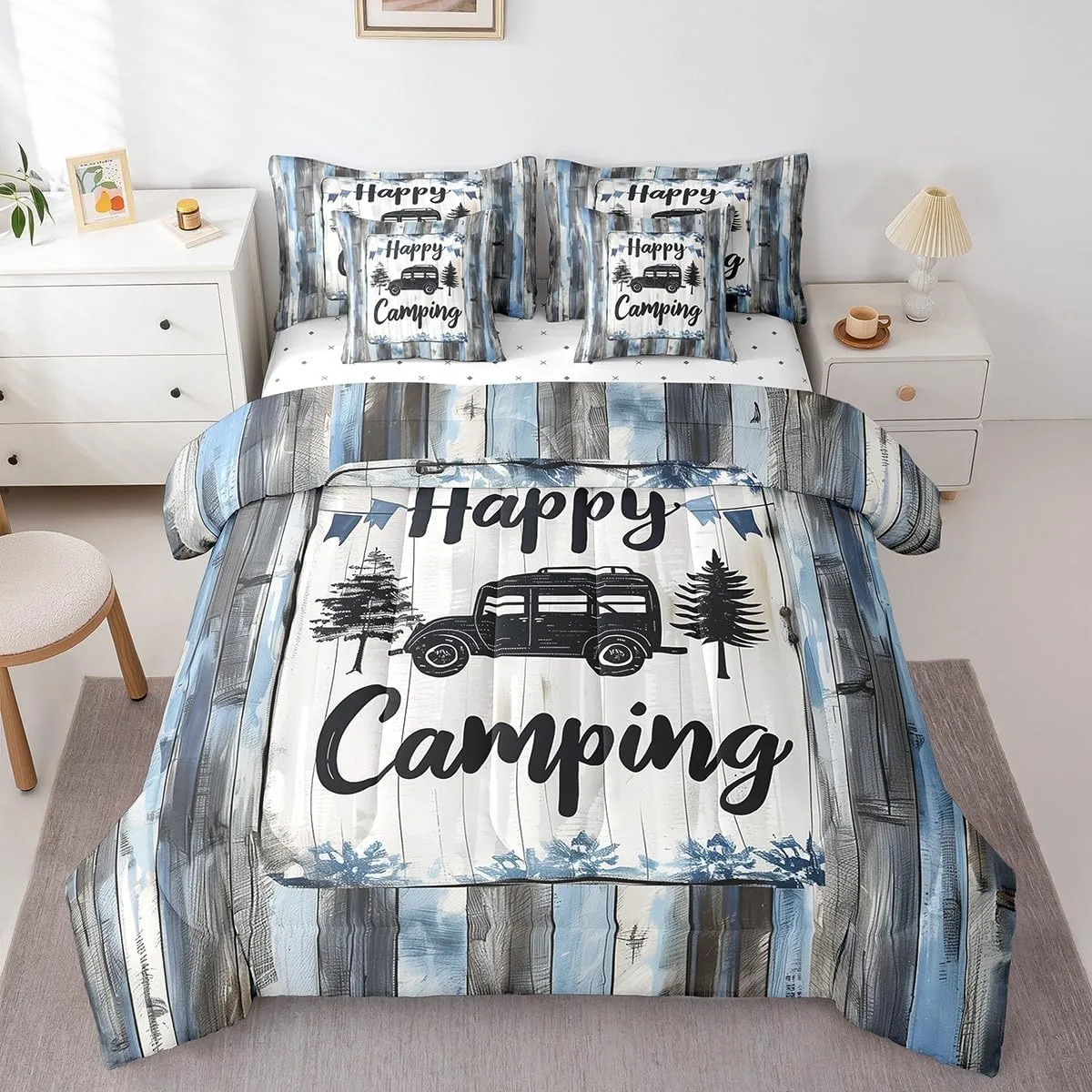 Erosebridal 7 Piece Bed in a Bag Twin Size Comforter Set Wooden Plank Bedding Set,Happy Camping Reversible Design,Farmhouse Cabin Soft Microfiber Comforter with Sheet Set,All Season
