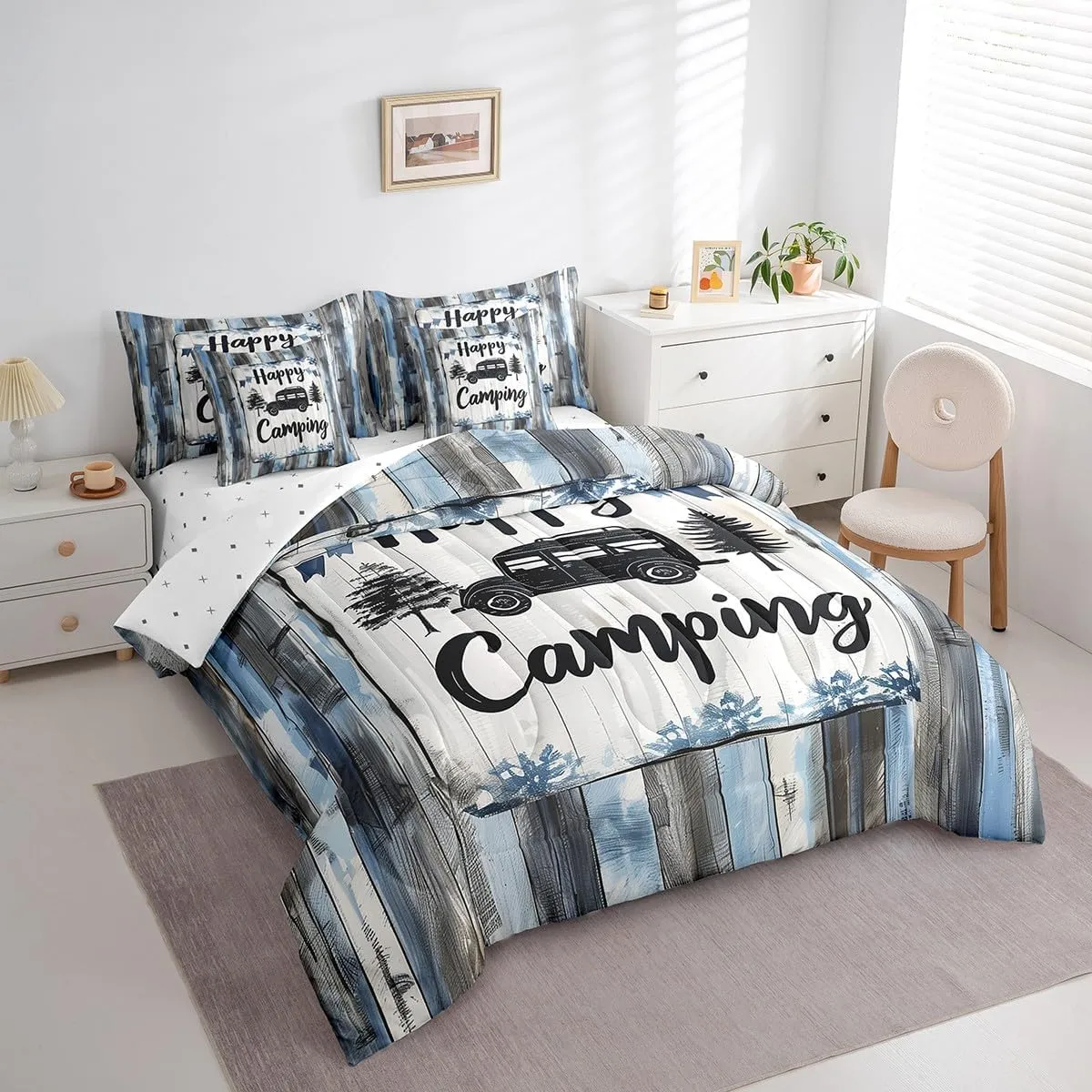Erosebridal 7 Piece Bed in a Bag Twin Size Comforter Set Wooden Plank Bedding Set,Happy Camping Reversible Design,Farmhouse Cabin Soft Microfiber Comforter with Sheet Set,All Season