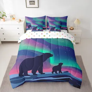 Erosebridal 7 Piece Polar Bear Comforter Set King Night Galaxy Starry Bear Bed in A Bag for Kids Adults Arctic Animal Bedding Set Wildlife Sheet Set with Comforter