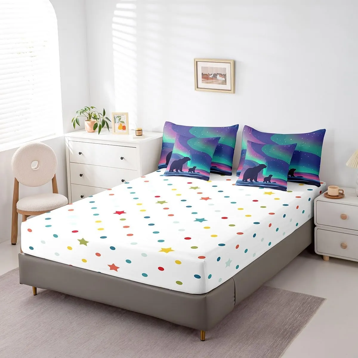 Erosebridal 7 Piece Polar Bear Comforter Set King Night Galaxy Starry Bear Bed in A Bag for Kids Adults Arctic Animal Bedding Set Wildlife Sheet Set with Comforter