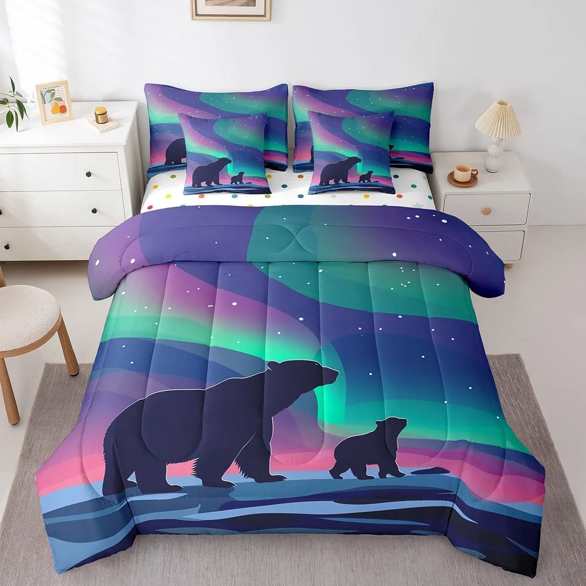 Erosebridal 7 Piece Polar Bear Comforter Set King Night Galaxy Starry Bear Bed in A Bag for Kids Adults Arctic Animal Bedding Set Wildlife Sheet Set with Comforter