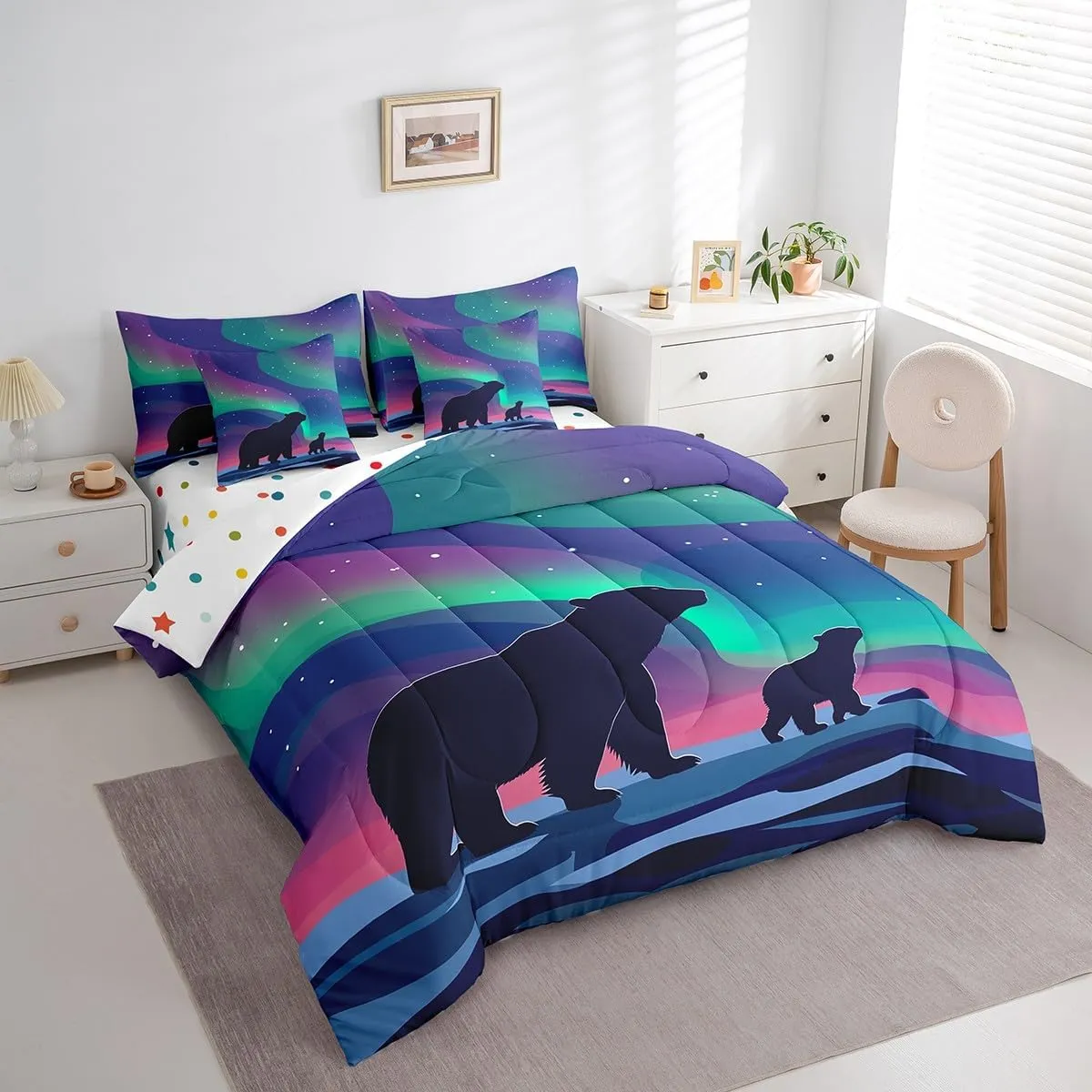 Erosebridal 7 Piece Polar Bear Comforter Set King Night Galaxy Starry Bear Bed in A Bag for Kids Adults Arctic Animal Bedding Set Wildlife Sheet Set with Comforter