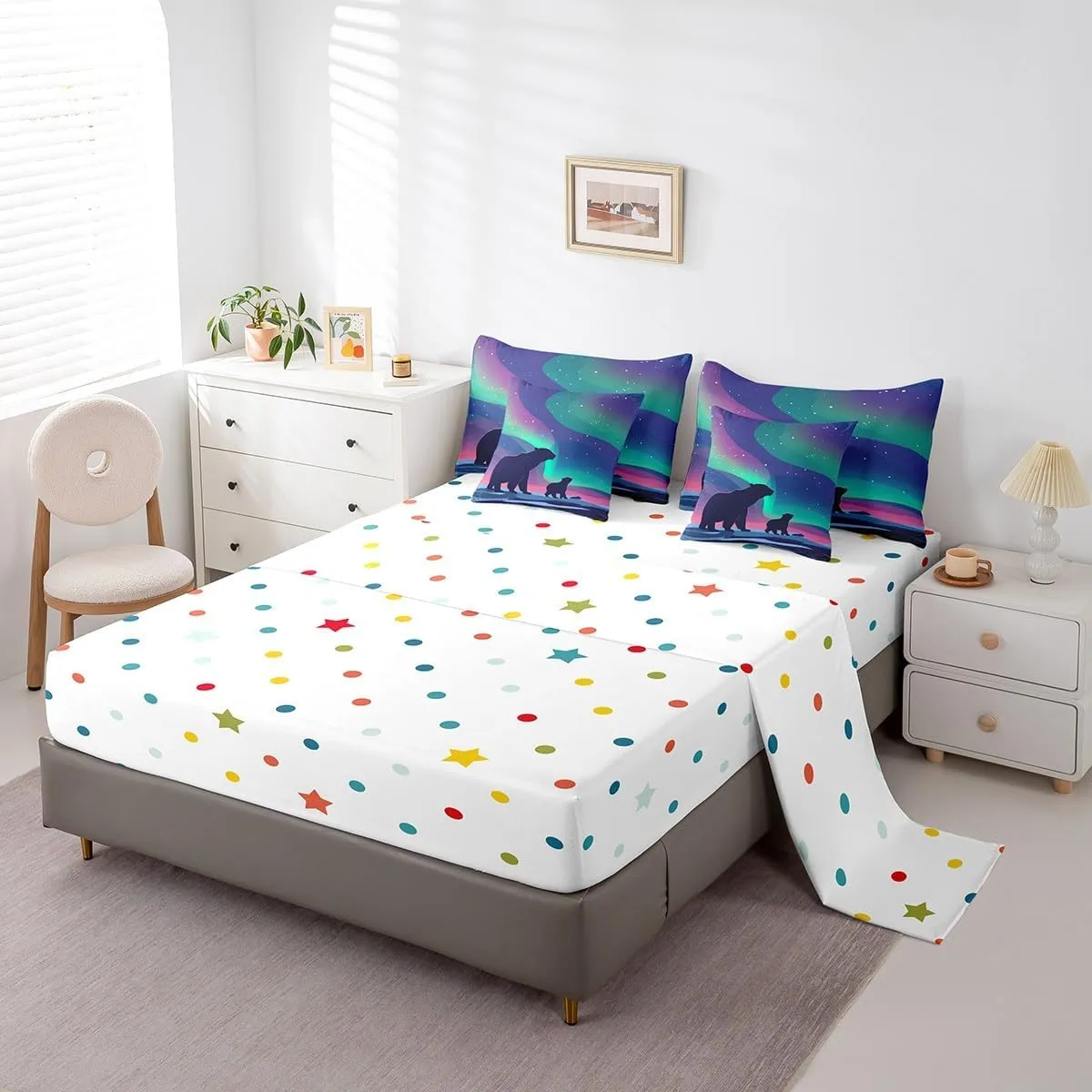 Erosebridal 7 Piece Polar Bear Comforter Set King Night Galaxy Starry Bear Bed in A Bag for Kids Adults Arctic Animal Bedding Set Wildlife Sheet Set with Comforter