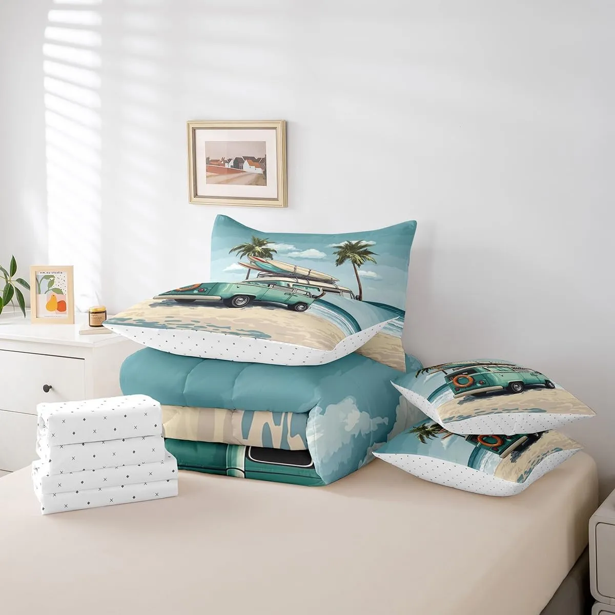 Erosebridal 7 Piece Surfer Queen Bedding Set,Surfboard Surf Themed Comforter Sets for Kids Girls Boys,Coastal Beach Surfing Bed Set,Boho Hawaiian Palm Tree Bed in a Bag with Fitted Sheet Flat Sheet