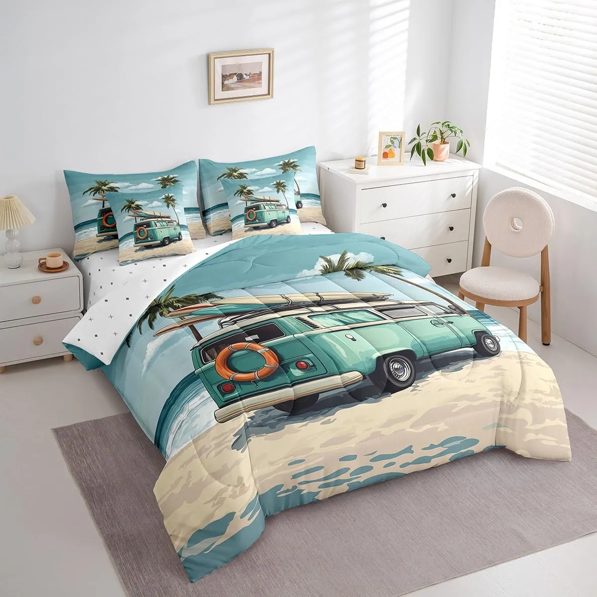 Erosebridal 7 Piece Surfer Queen Bedding Set,Surfboard Surf Themed Comforter Sets for Kids Girls Boys,Coastal Beach Surfing Bed Set,Boho Hawaiian Palm Tree Bed in a Bag with Fitted Sheet Flat Sheet
