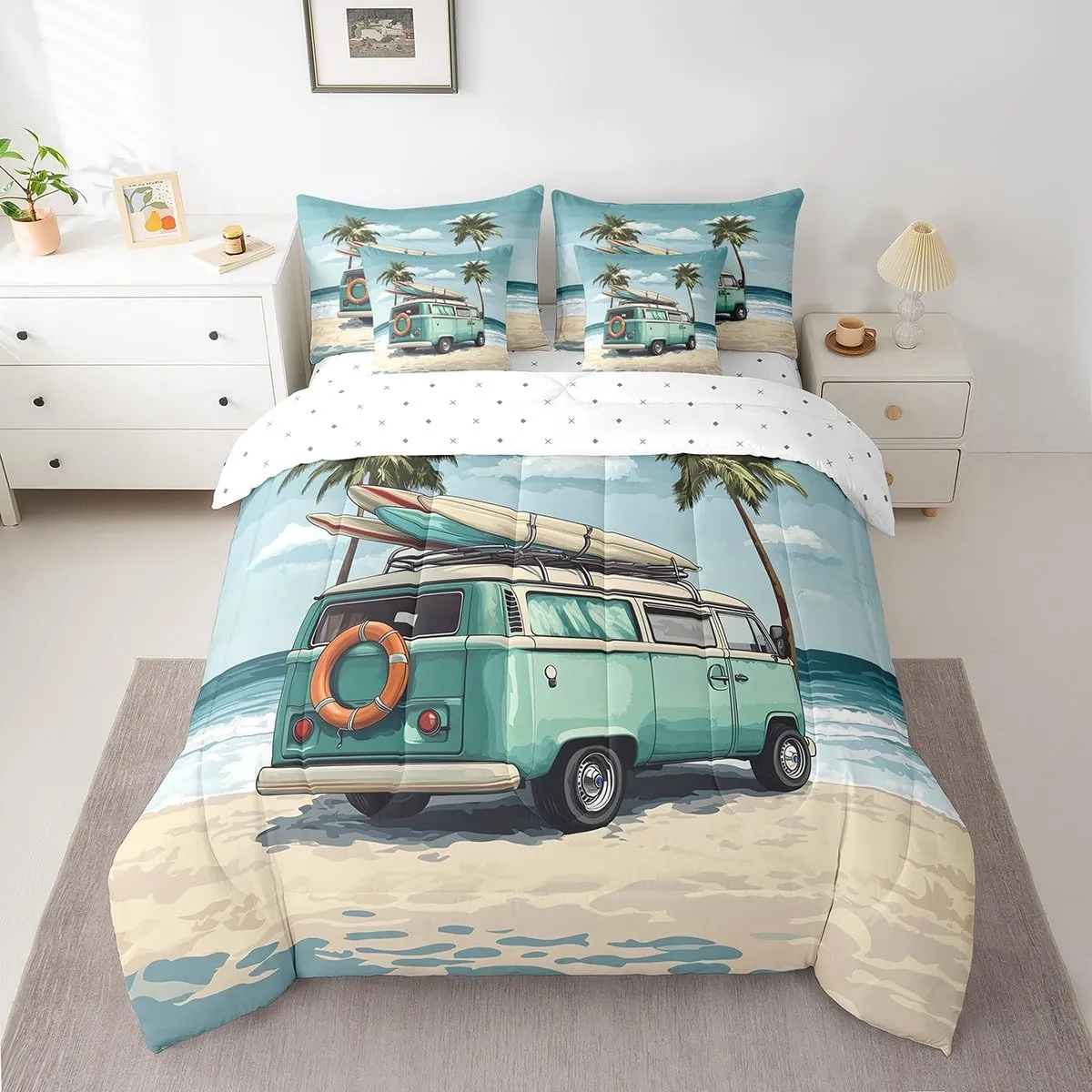 Erosebridal 7 Piece Surfer Queen Bedding Set,Surfboard Surf Themed Comforter Sets for Kids Girls Boys,Coastal Beach Surfing Bed Set,Boho Hawaiian Palm Tree Bed in a Bag with Fitted Sheet Flat Sheet