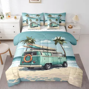 Erosebridal 7 Piece Surfer Queen Bedding Set,Surfboard Surf Themed Comforter Sets for Kids Girls Boys,Coastal Beach Surfing Bed Set,Boho Hawaiian Palm Tree Bed in a Bag with Fitted Sheet Flat Sheet