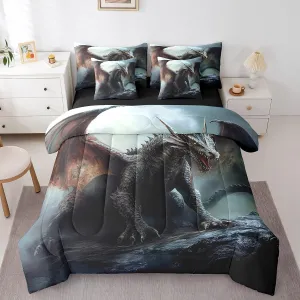 Erosebridal Dragon Bed Set Full Size 7pcs, Rock Wildlife Pterosaur Animals Soft Comforter Set Bed in a Bag, 3D Gothic Printed Kids Adults Bedding Comforter Sets, Black Brown Trippy Bed Sheets Set