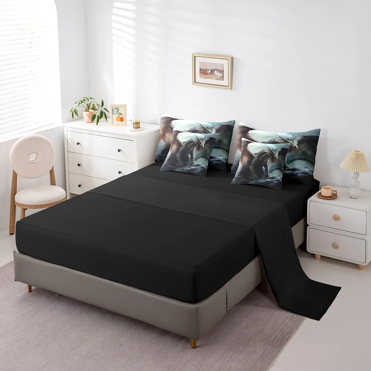 Erosebridal Dragon Bed Set Full Size 7pcs, Rock Wildlife Pterosaur Animals Soft Comforter Set Bed in a Bag, 3D Gothic Printed Kids Adults Bedding Comforter Sets, Black Brown Trippy Bed Sheets Set