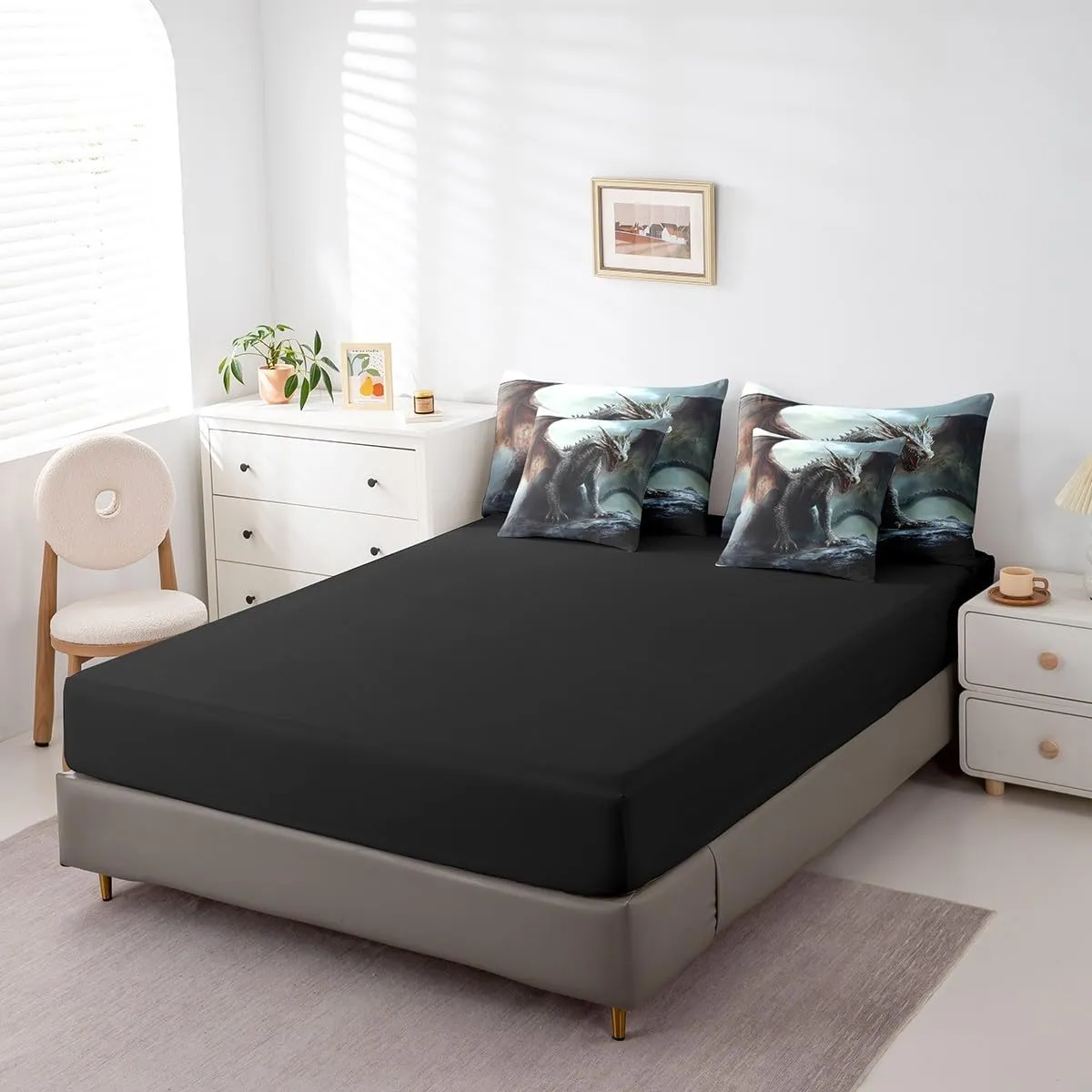 Erosebridal Dragon Bed Set Full Size 7pcs, Rock Wildlife Pterosaur Animals Soft Comforter Set Bed in a Bag, 3D Gothic Printed Kids Adults Bedding Comforter Sets, Black Brown Trippy Bed Sheets Set
