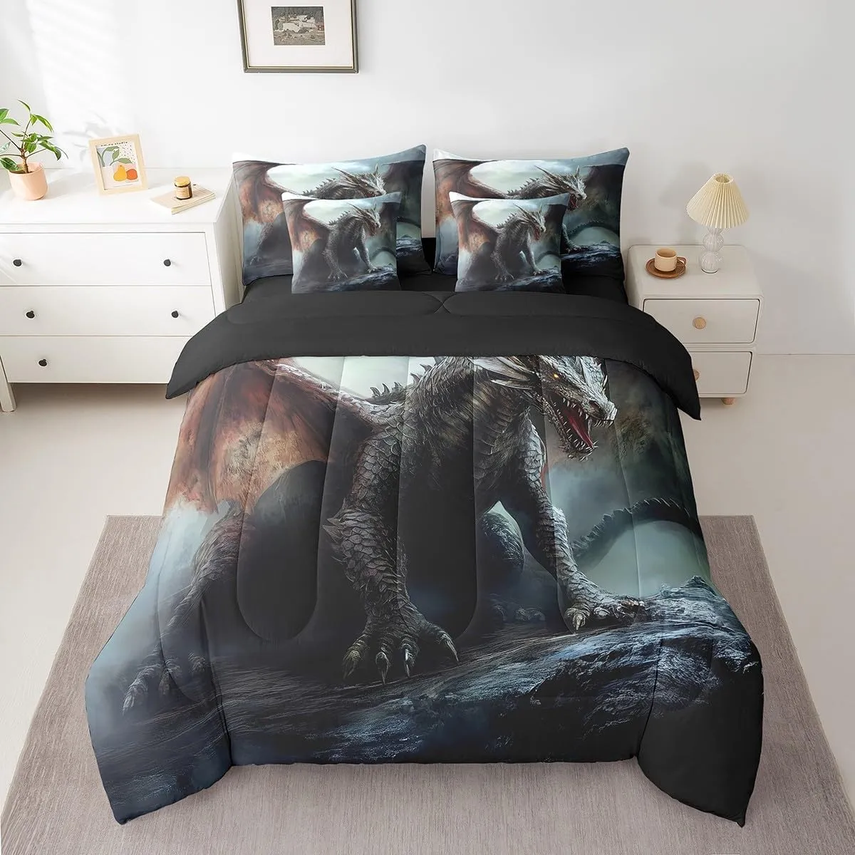 Erosebridal Dragon Bed Set Full Size 7pcs, Rock Wildlife Pterosaur Animals Soft Comforter Set Bed in a Bag, 3D Gothic Printed Kids Adults Bedding Comforter Sets, Black Brown Trippy Bed Sheets Set