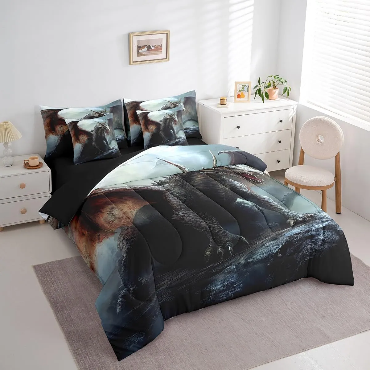 Erosebridal Dragon Bed Set Full Size 7pcs, Rock Wildlife Pterosaur Animals Soft Comforter Set Bed in a Bag, 3D Gothic Printed Kids Adults Bedding Comforter Sets, Black Brown Trippy Bed Sheets Set
