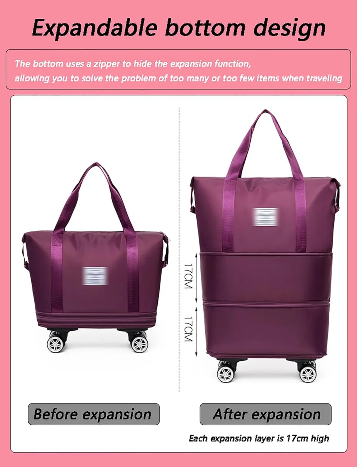 Expandable Spinner Duffel Bag - Lightweight Wheeled Luggage with 360° Silent Wheels, Foldable Travel Duffle for Gym/Shopping(Purple)