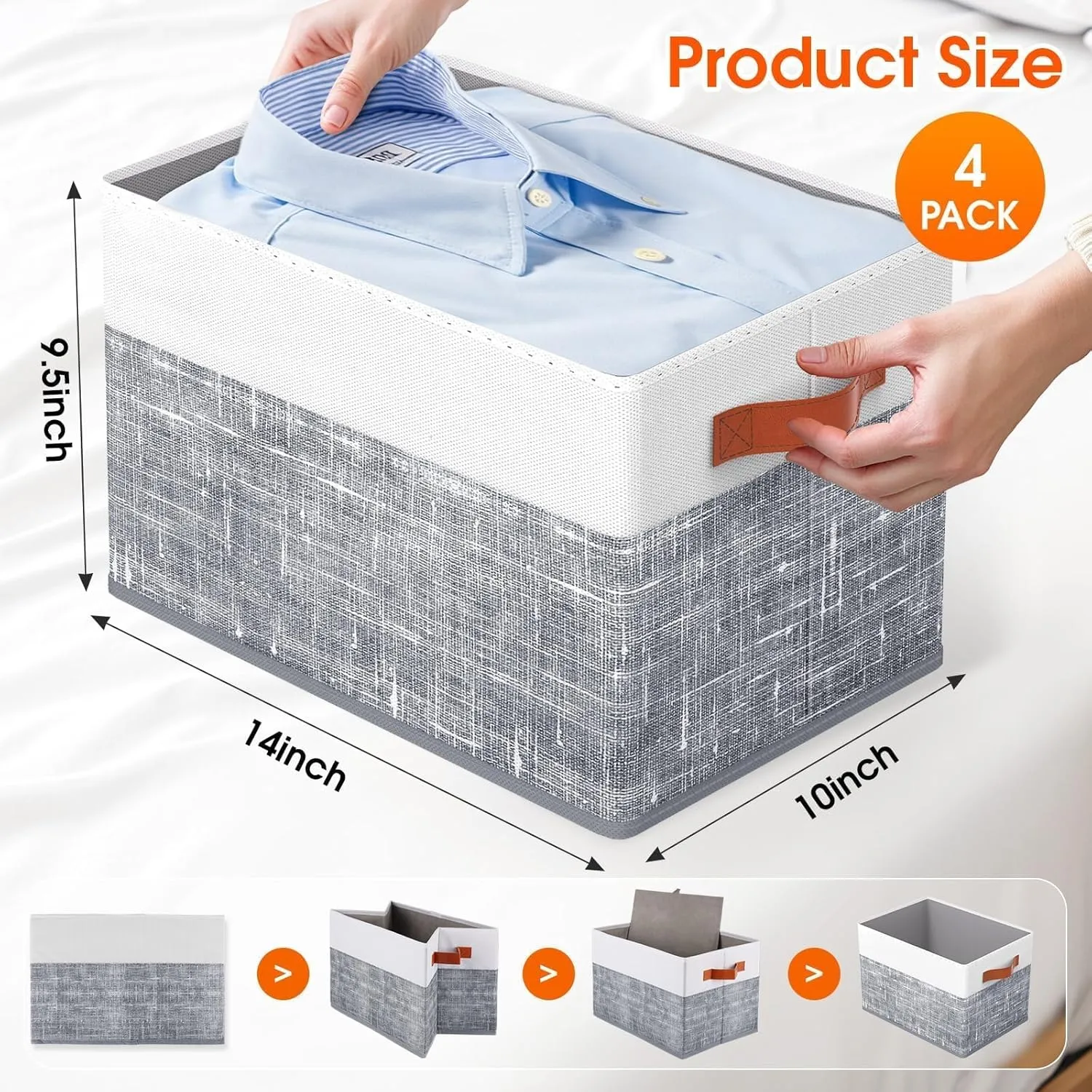 Fab totes Collapsible Storage Baskets for Shelves,14"x10", 4 Pack Foldable Fabric Storage Bins with Double Leather Handles, Large Baskets for Organizing Books, Clothes, White & Grey