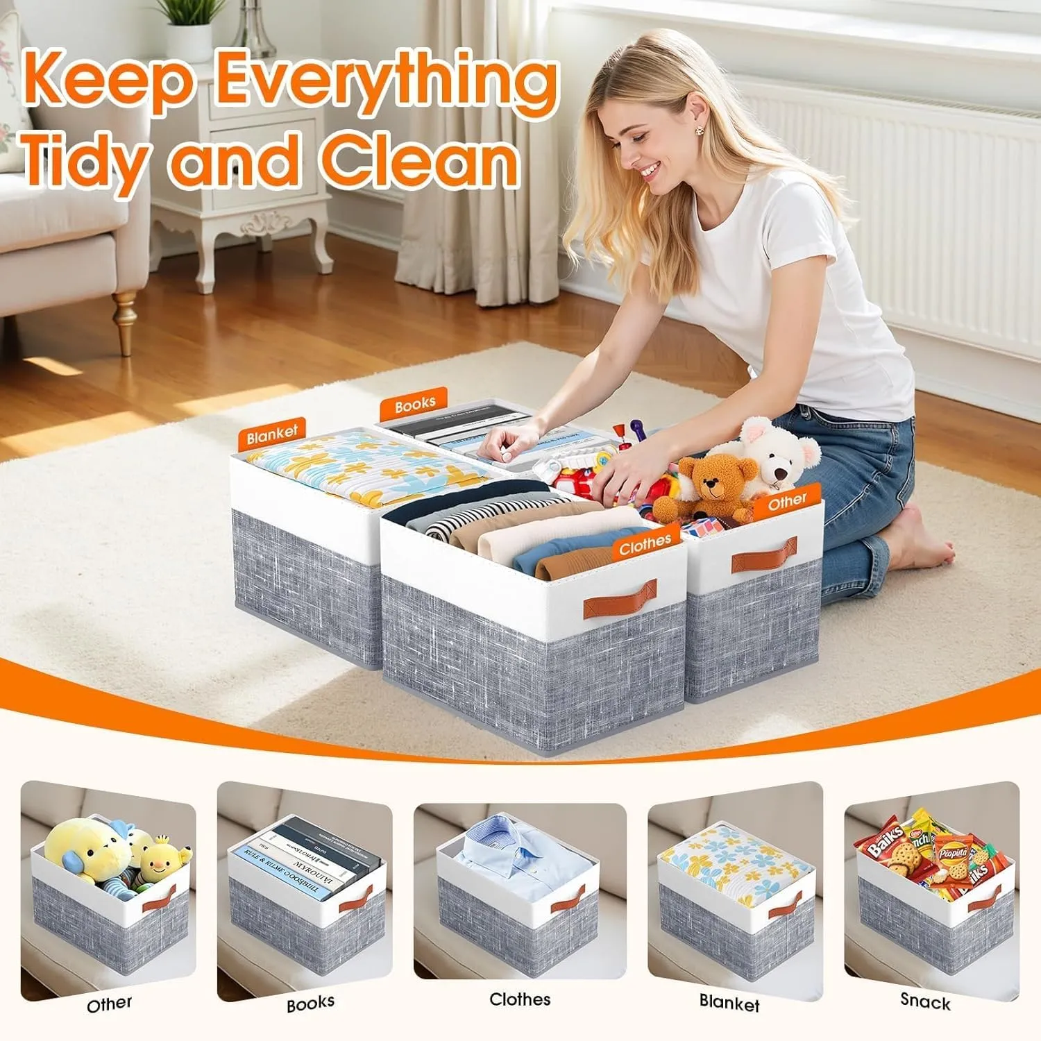 Fab totes Collapsible Storage Baskets for Shelves,14"x10", 4 Pack Foldable Fabric Storage Bins with Double Leather Handles, Large Baskets for Organizing Books, Clothes, White & Grey