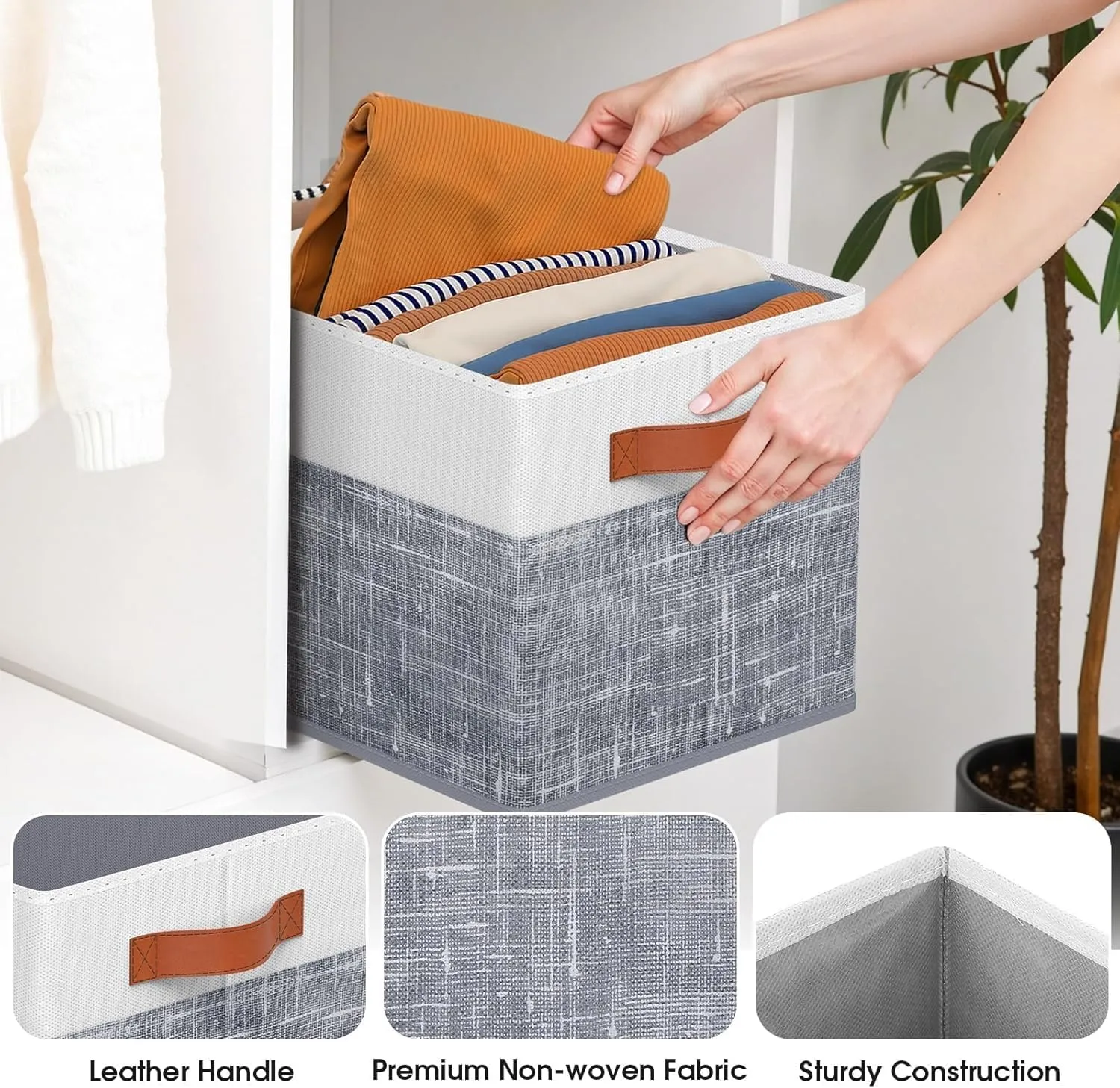 Fab totes Collapsible Storage Baskets for Shelves,14"x10", 4 Pack Foldable Fabric Storage Bins with Double Leather Handles, Large Baskets for Organizing Books, Clothes, White & Grey