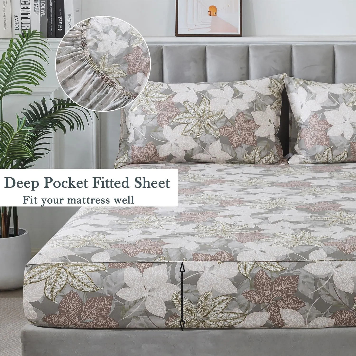 FADFAY Cal King Sheets Set Percale Cotton Leaves Bed Sheets Deep Pocket Fitted Sheet, Luxury Vintage Leaves Printed Shabby Bedding, Super Soft Crisp & Cool,4pcs