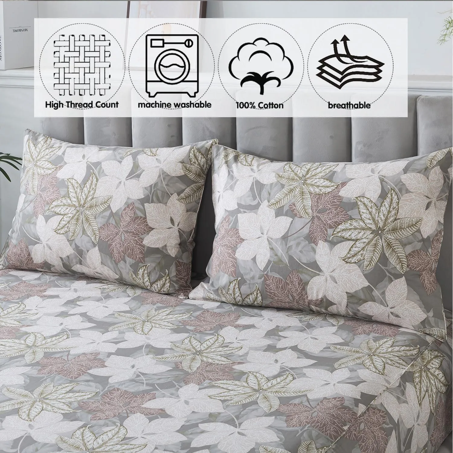 FADFAY Cal King Sheets Set Percale Cotton Leaves Bed Sheets Deep Pocket Fitted Sheet, Luxury Vintage Leaves Printed Shabby Bedding, Super Soft Crisp & Cool,4pcs